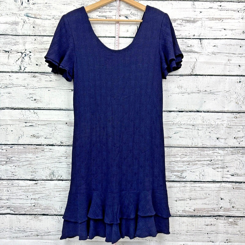 CDC Caren Desiree Co Women's Blue Crepe Ruffled‎ Dress [Size 8] EUC Made in USA